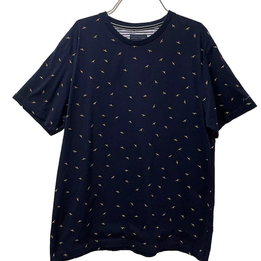 Denim And Flowers Ricky Singh Men’s Large Navy T-Shirt V-Neck With Gold Birds